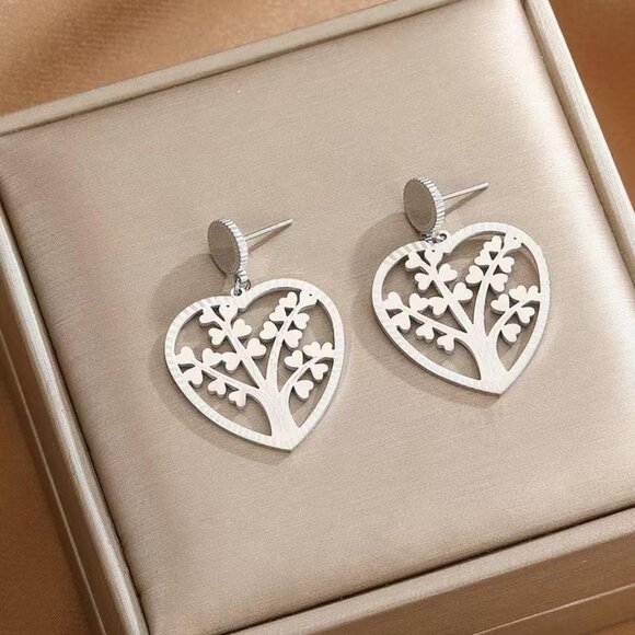Silver Tree life Heart Statement Vintage Long Summer Earring for Women Jewelry - Picture 5 of 9